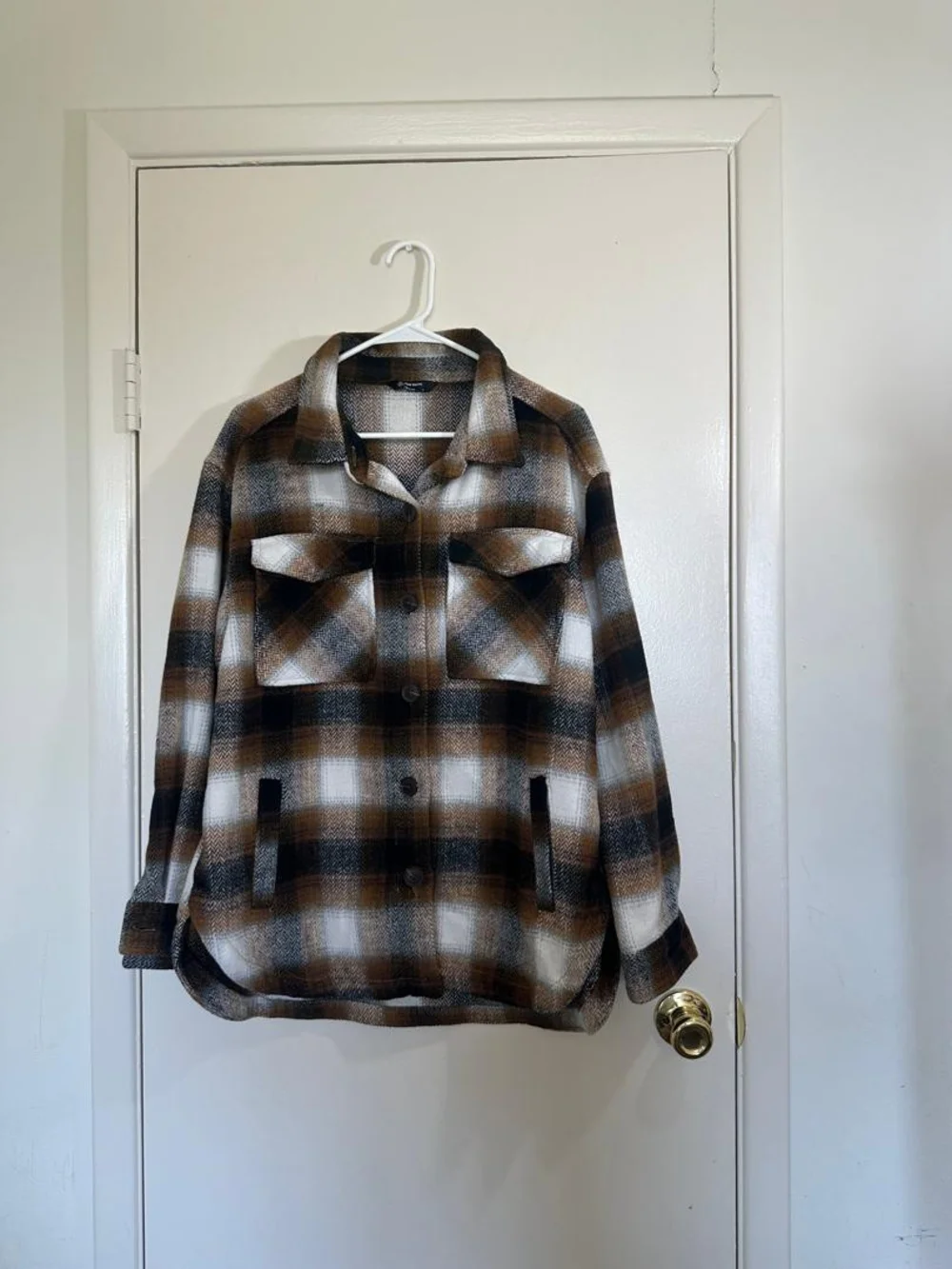 Men's Plaid Lightweight Shirt Jacket in Brown & Cream • Size M